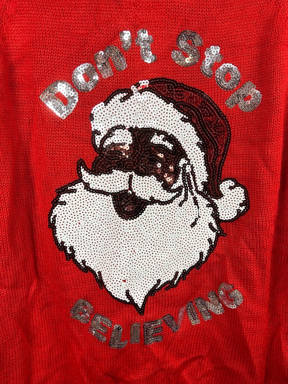 NWT Merry Christmas by Poof New York Sequin Santa Sweater Don't Stop Believing S